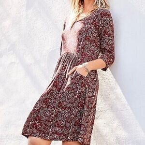 Garnet Hill Fit & Flare Boho Paisley Cottagecore Print V Neck Dress Maroon Sz 4